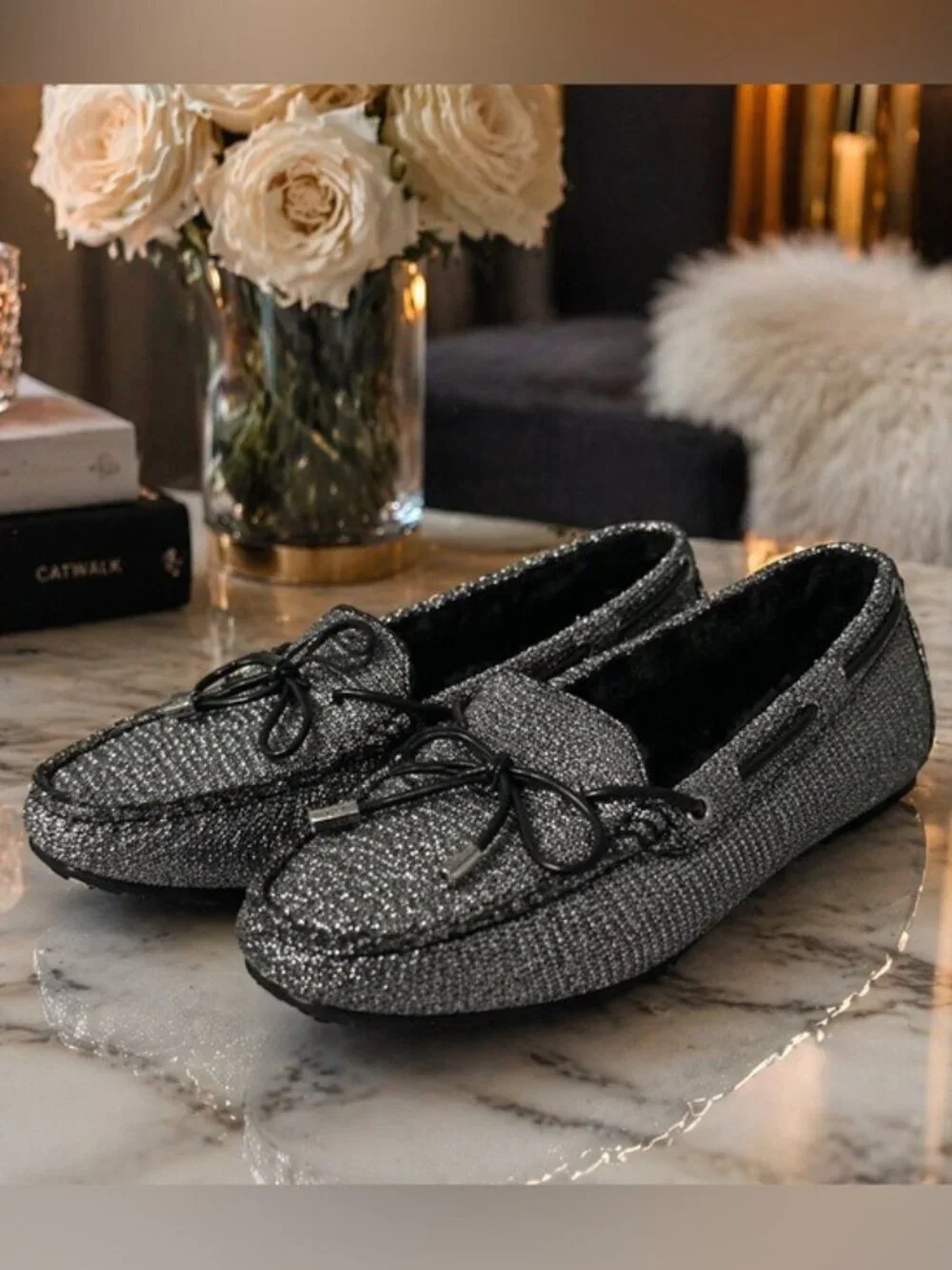 Michael Kors Sparkle Loafers Silver Metallic Ballet Flats Size 7.5 Y2K
